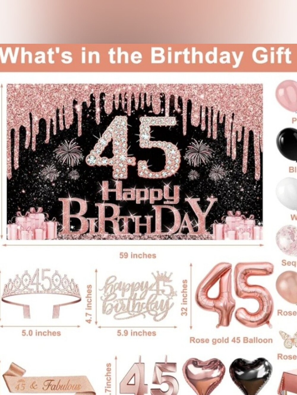 Source Unknown Rose Gold, Black & White 45th Birthday Backdrop and Balloon Kit